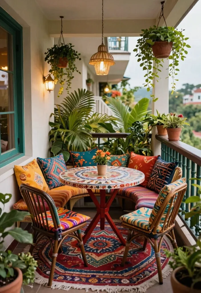 21 Charming Patio Bistro Set Ideas for Small Balconies 4. Bohemian Bliss with Colorful Patterns 0