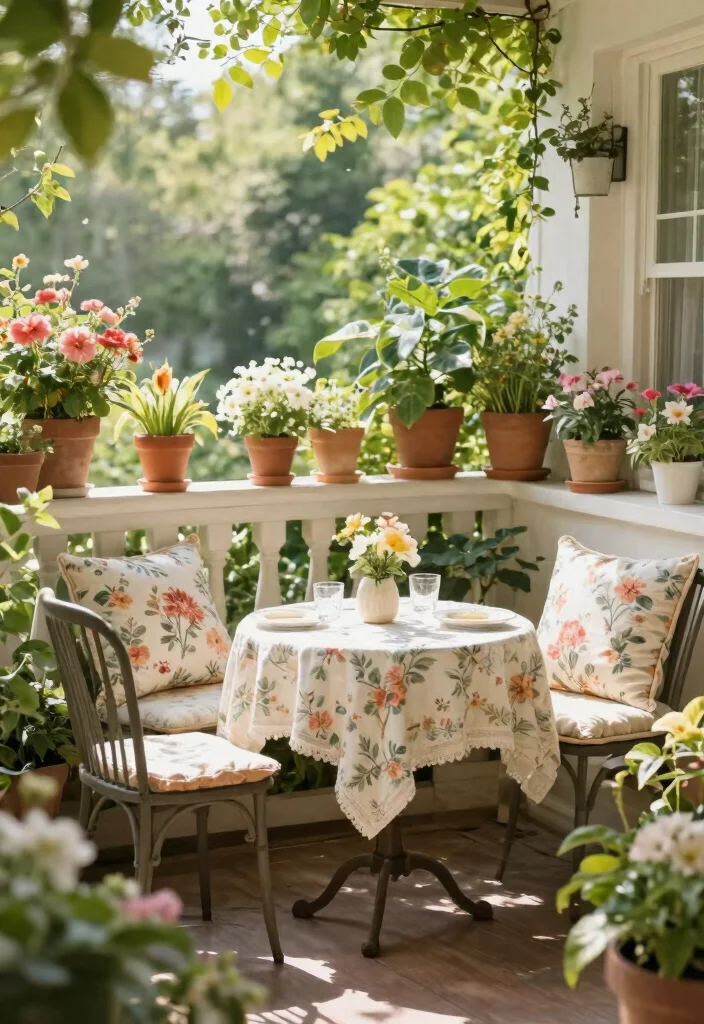 21 Charming Patio Bistro Set Ideas for Small Balconies 9. Garden Party Style with Floral Patterns 0