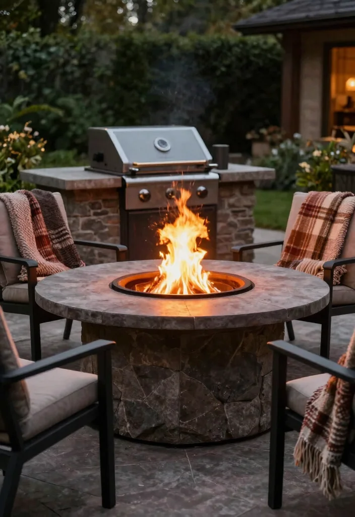21 Epic BBQ Table Ideas for Your Outdoor Kitchen 7. Built in Fire Pit Table 0