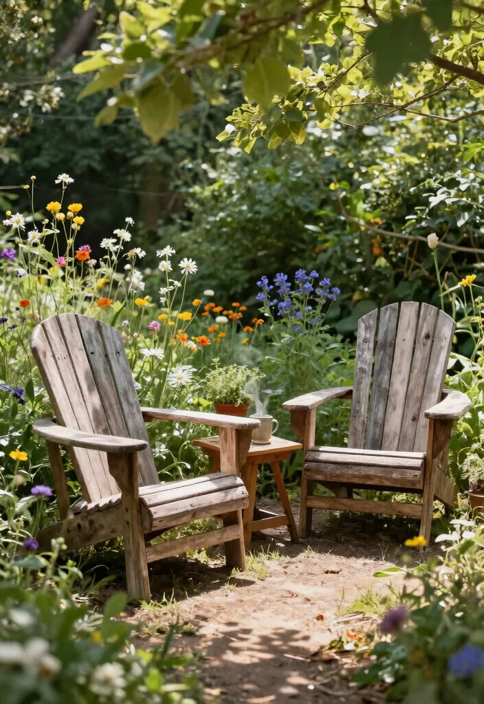21 Relaxing Adirondack Chair Patio Ideas for Your Backyard 1. Rustic Charm with Reclaimed Wood 0
