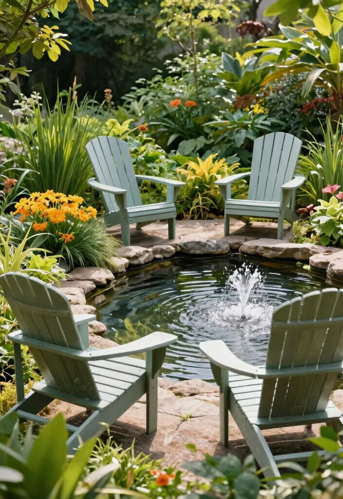 21 Relaxing Adirondack Chair Patio Ideas for Your Backyard 13. Integrative Water Feature 0