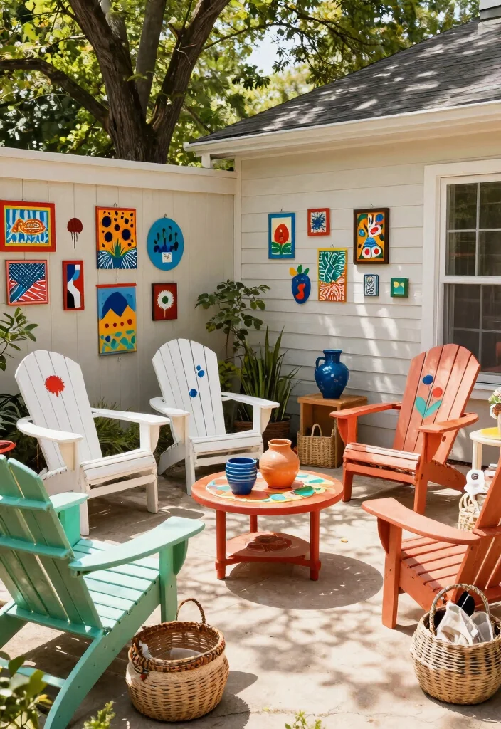 21 Relaxing Adirondack Chair Patio Ideas for Your Backyard 16. Artistic Touches with Handmade Decor 0