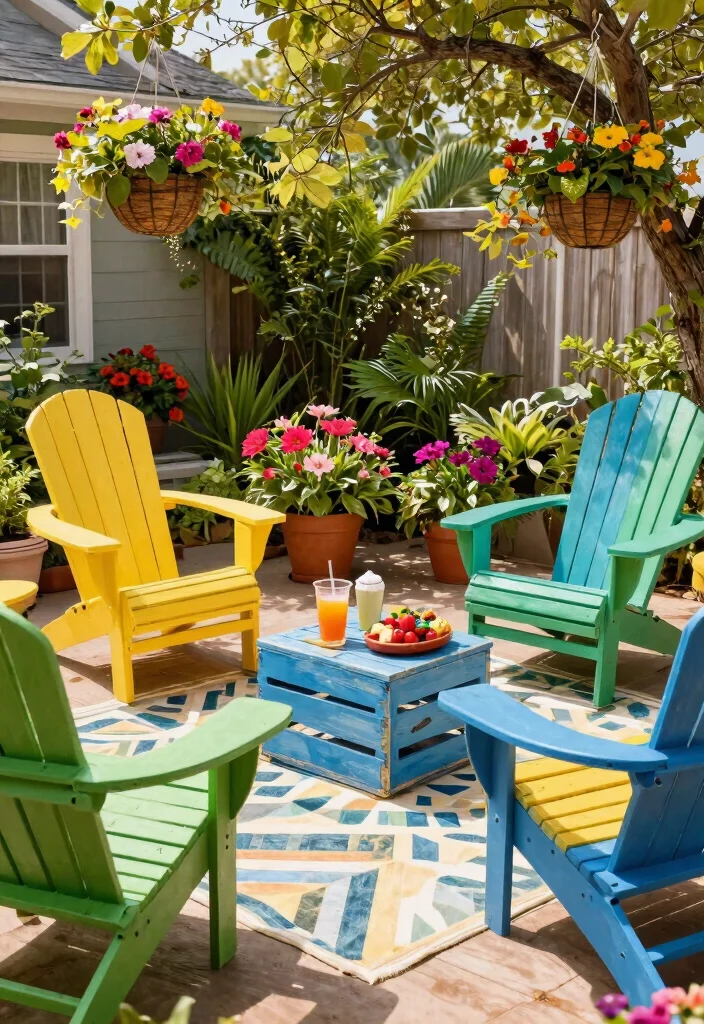 21 Relaxing Adirondack Chair Patio Ideas for Your Backyard 2. Bright and Cheerful Color Palette 0