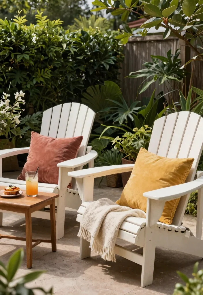 21 Relaxing Adirondack Chair Patio Ideas for Your Backyard 21. Cozy Nooks with Pillowed Comfort 0