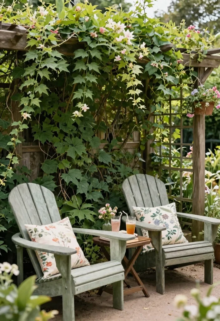 21 Relaxing Adirondack Chair Patio Ideas for Your Backyard 6. Garden Oasis with Climbing Vines 0