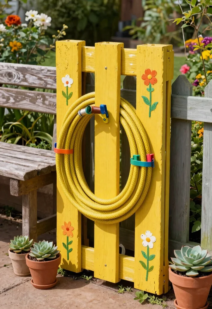 7 DIY Hose Reel Post Ideas for Gardens Without Walls 2. Repurposed Pallet Hose Holder 0