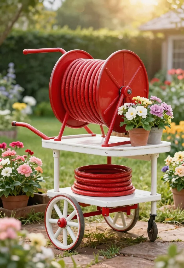 7 DIY Hose Reel Post Ideas for Gardens Without Walls 3. Vintage Cart Hose Reel 0