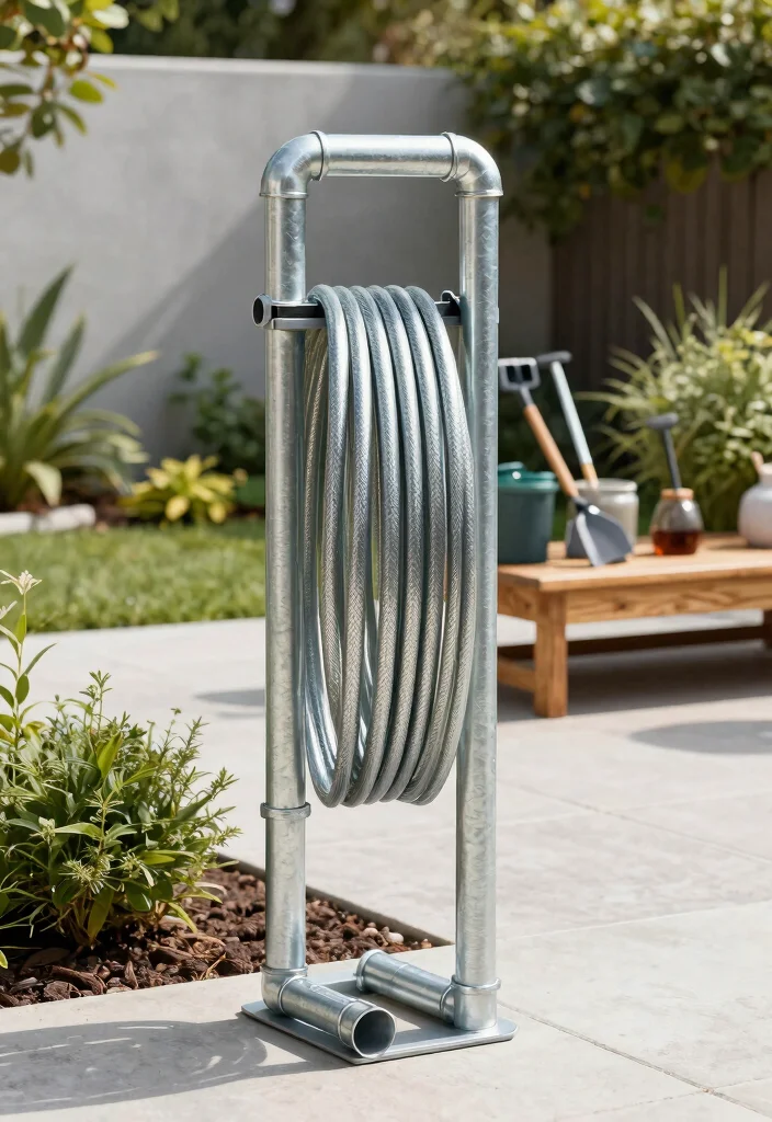 7 DIY Hose Reel Post Ideas for Gardens Without Walls 4. Metal Pipe Hose Storage 0