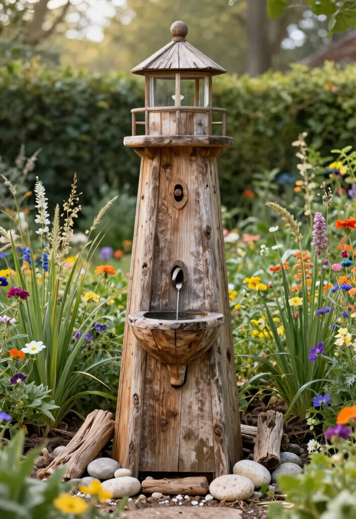 7 Nautical Outdoor Lighthouse Fountain Ideas Coastal 3. Rustic Wooden Lighthouse Fountain 0