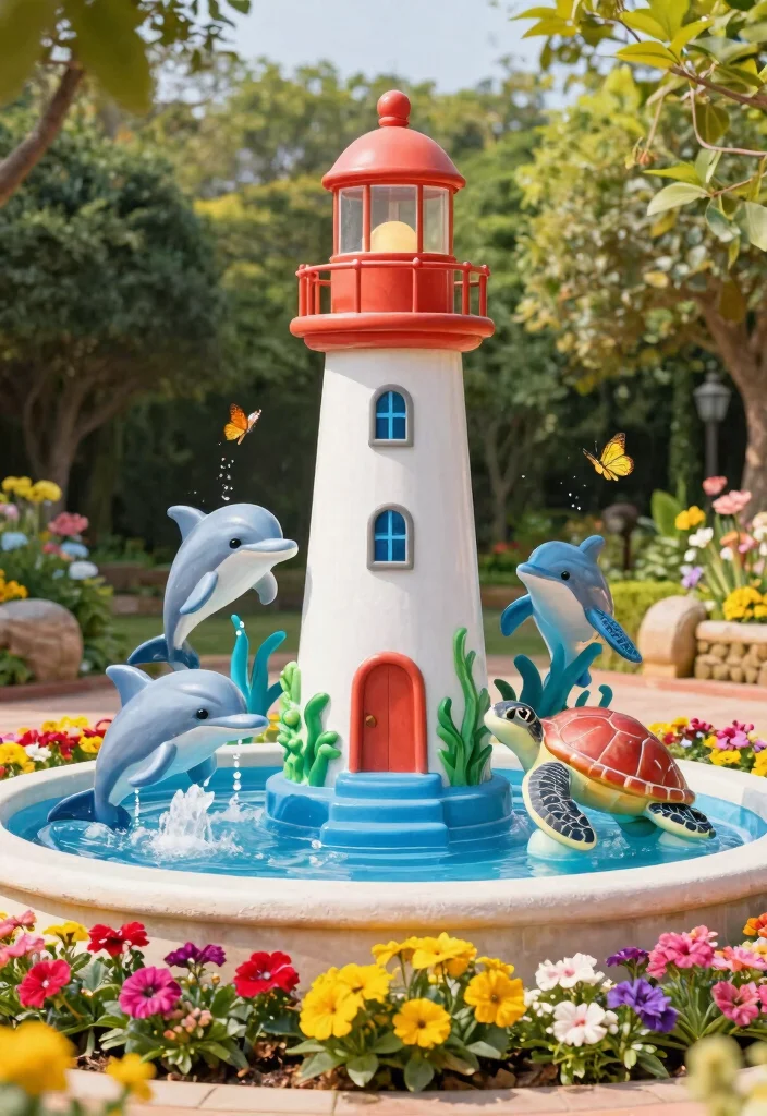 7 Nautical Outdoor Lighthouse Fountain Ideas Coastal 5. Themed Lighthouse Fountain with Marine Life 0