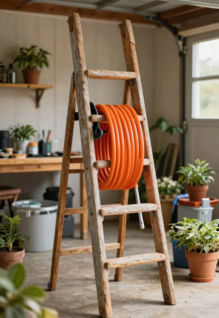 9 Practical Air Hose Reel Mounting Ideas for Garages 5. DIY Ladder Hose Reel 0