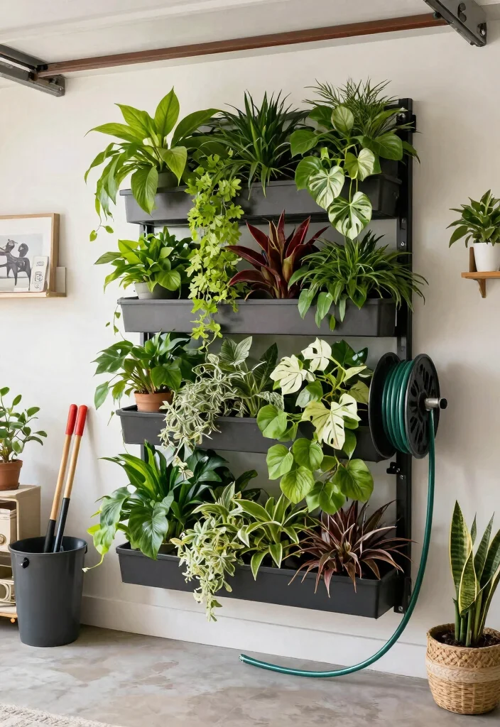 9 Practical Air Hose Reel Mounting Ideas for Garages 9. Vertical Wall Garden with Integrated Hose Storage 0